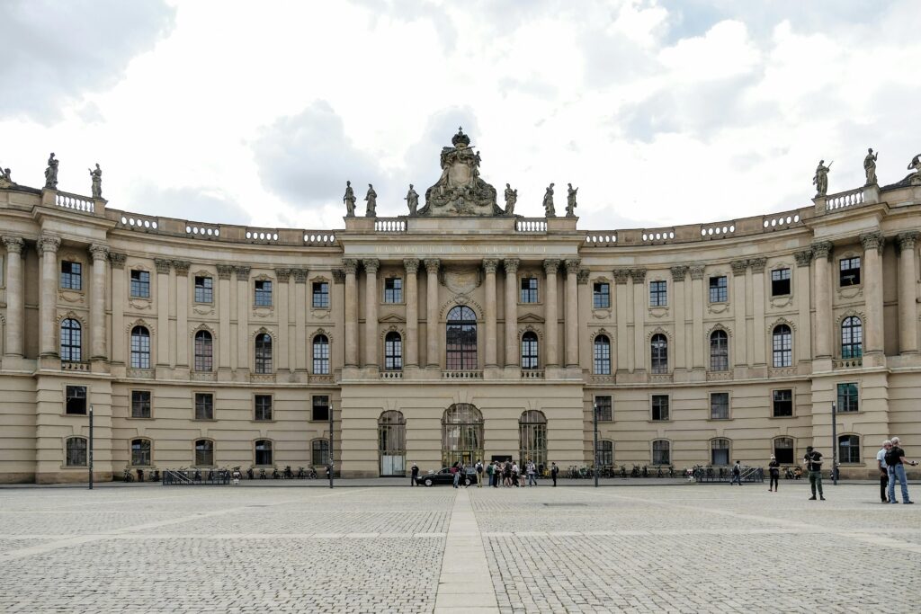 Elegant facade of Humboldt University's library in Berlin, showcasing neoclassical architecture.